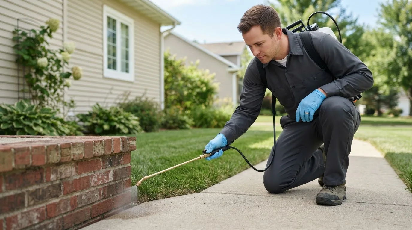 Pest control technician treating a home near Corea, ME